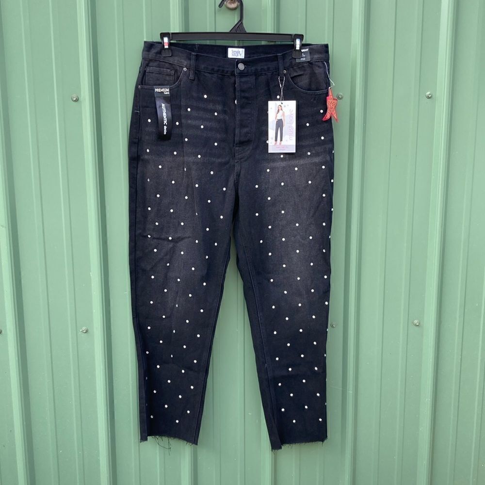 Super High Rise Straight Premium Denim Raw Hem Sequins Jeans Pants Size 17